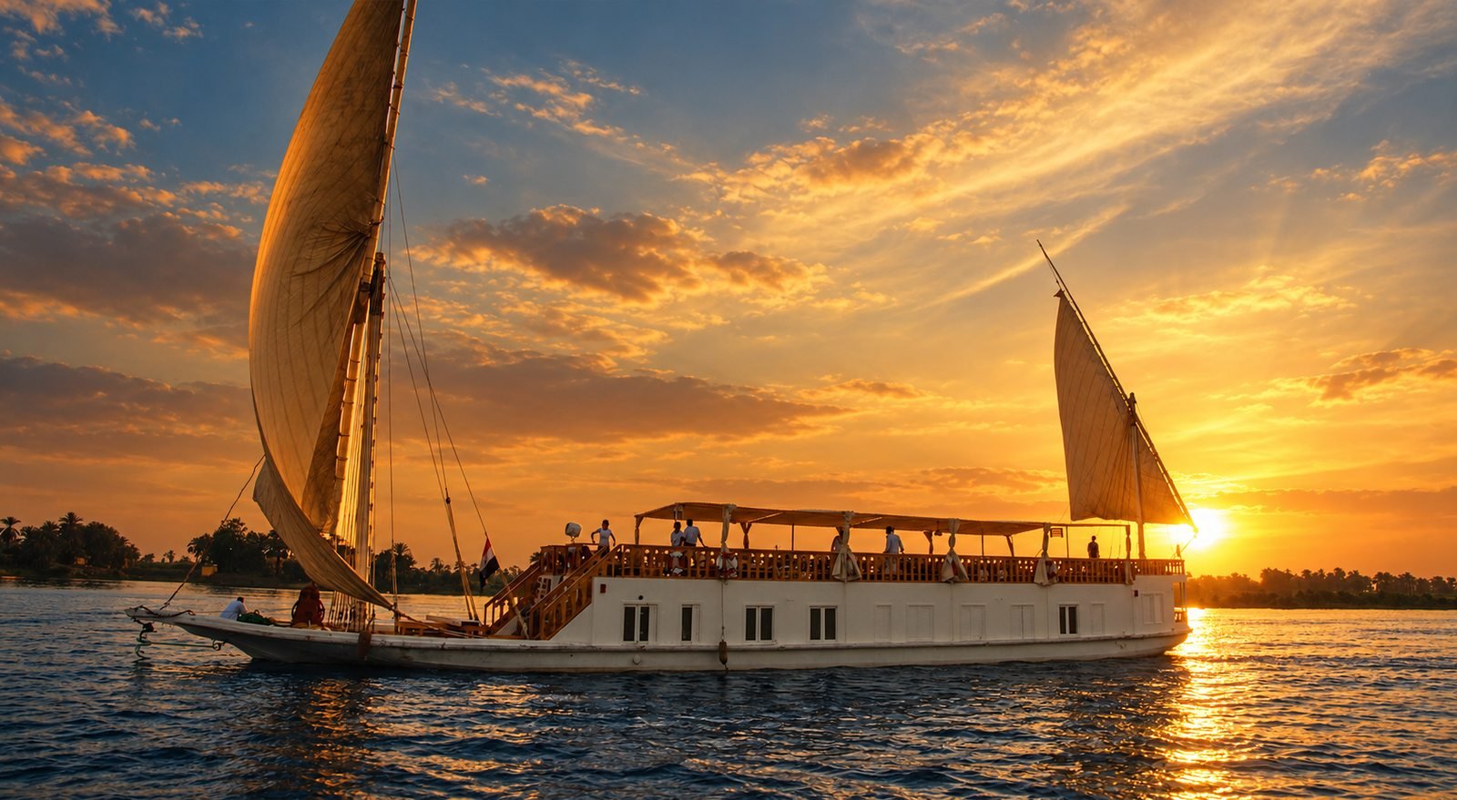 Dahabiya sailing on the Nile at sunset