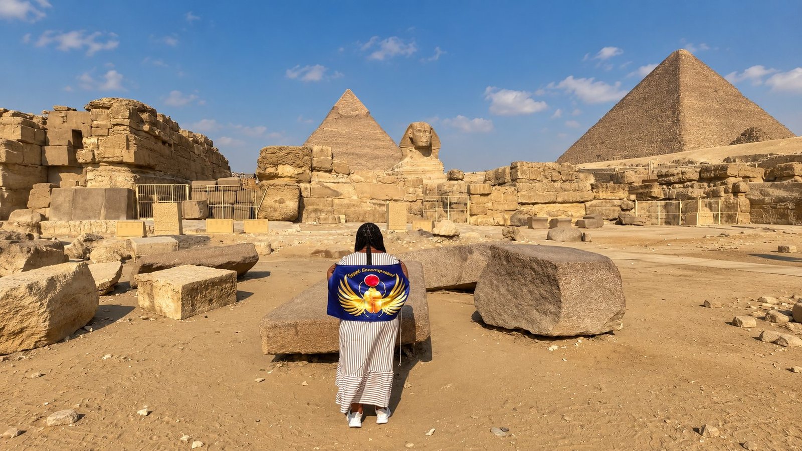 Guest with an Egypt Encompassed flag overlooking the Great Sphinx and pyramids