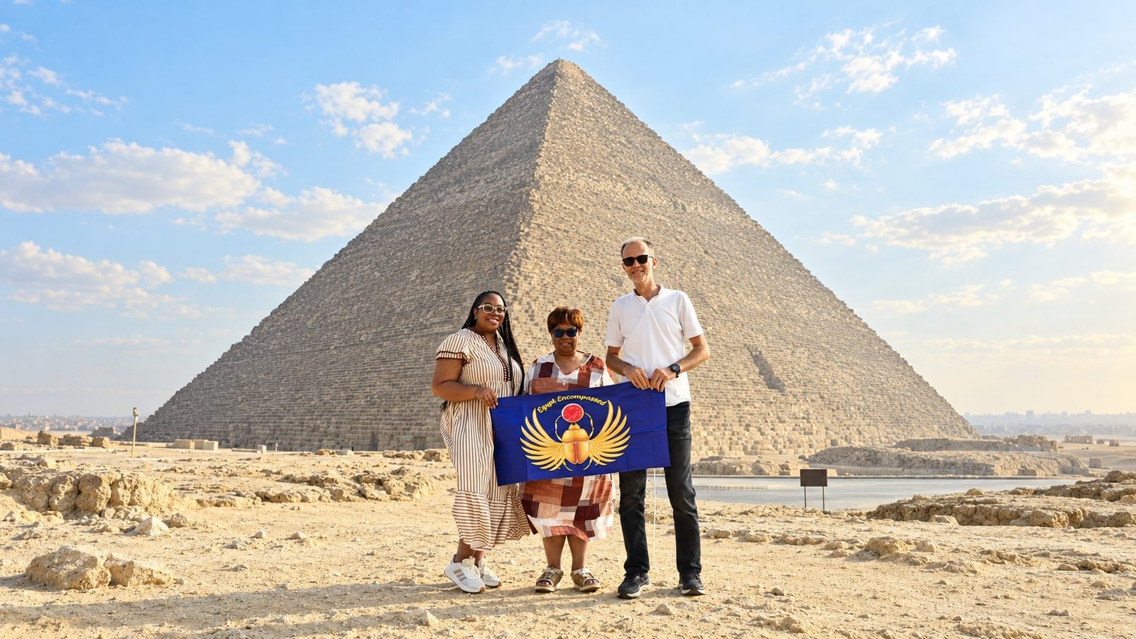 Three Egypt Encompassed guests holding a flag before the Great Pyramid of Giza