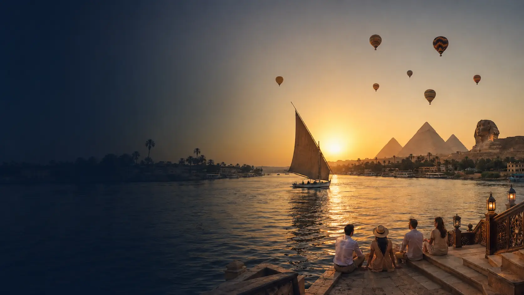 Felucca sailing on the Nile at sunset with the Giza pyramids beyond